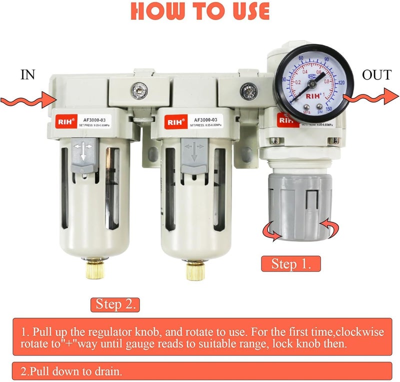 RIH Store Pneumatics DFR-03 3/8'' NPT Compressed Air Double Filter & Regulator, Air Drying System, Air Compressor Water Separator, Semi -Auto Drain, Poly Bowl,0-150 psi Gauge, 5 Micron Brass Element - Image 5